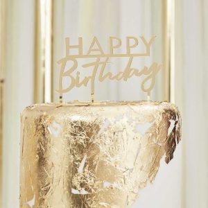 Topo de Bolo Dourado Happy Birthday