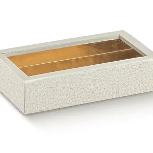 Caixa Pele Branca com Separador Dourado 14,5×7,5×3,5cm