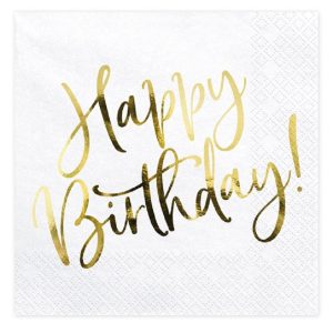 Guardanapos Branco e Ouro Happy Birthday!
